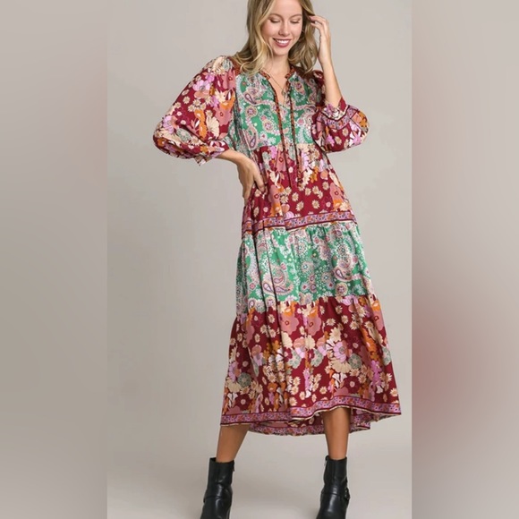 NWT Umgee Boutique Boho Hippy Floral Print Dress S-2X green burgundy mix - Picture 8 of 16